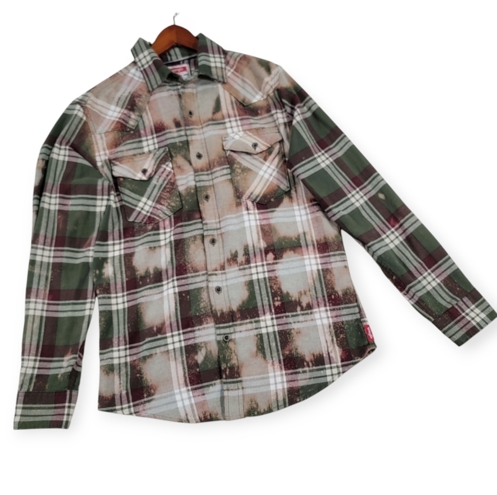 Wrangler Plaid Green and Brown Shirt Custom Bleached Size Small